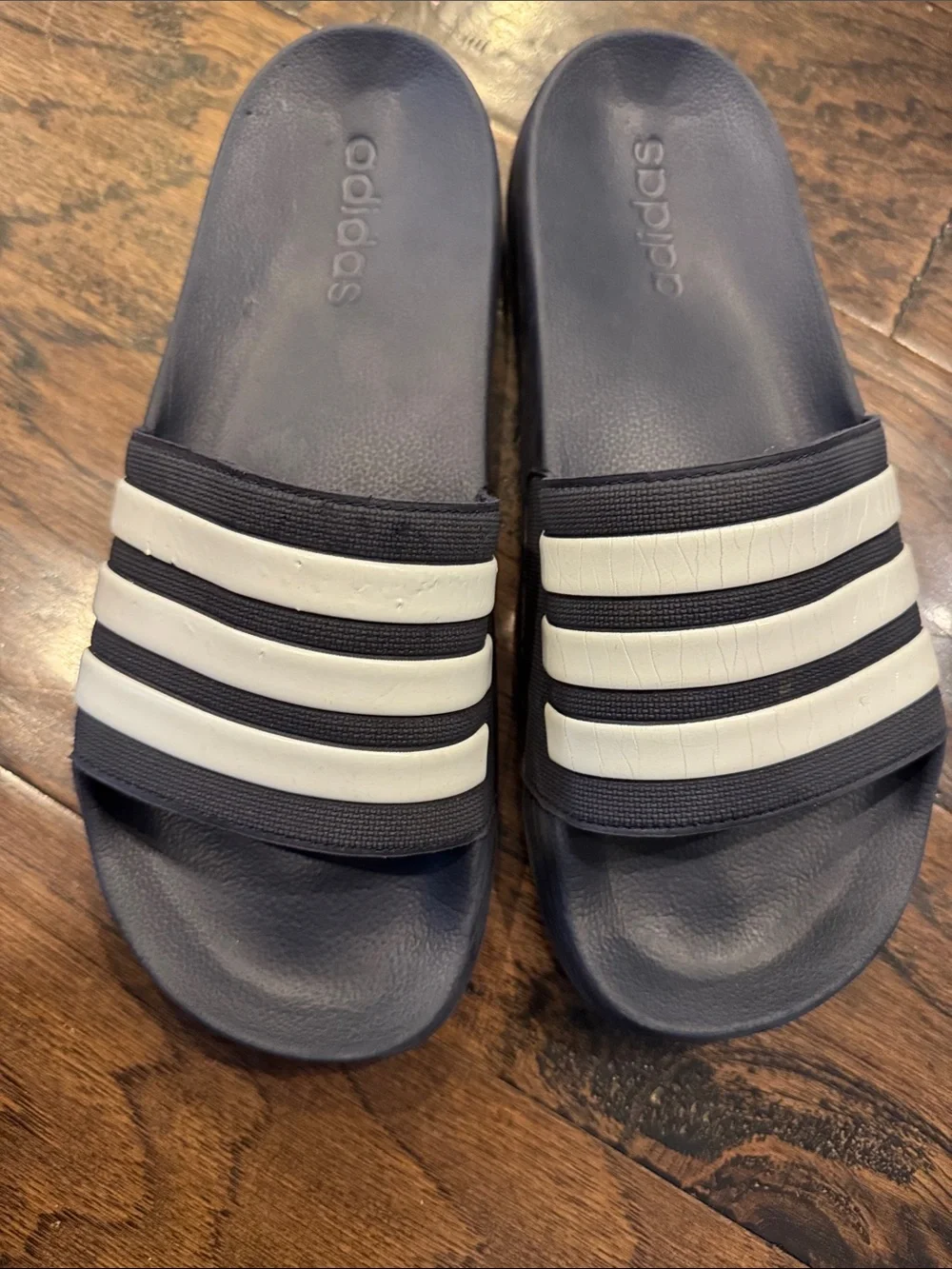 Adidas Navy Slide Sandals with White Stripes men’s 10